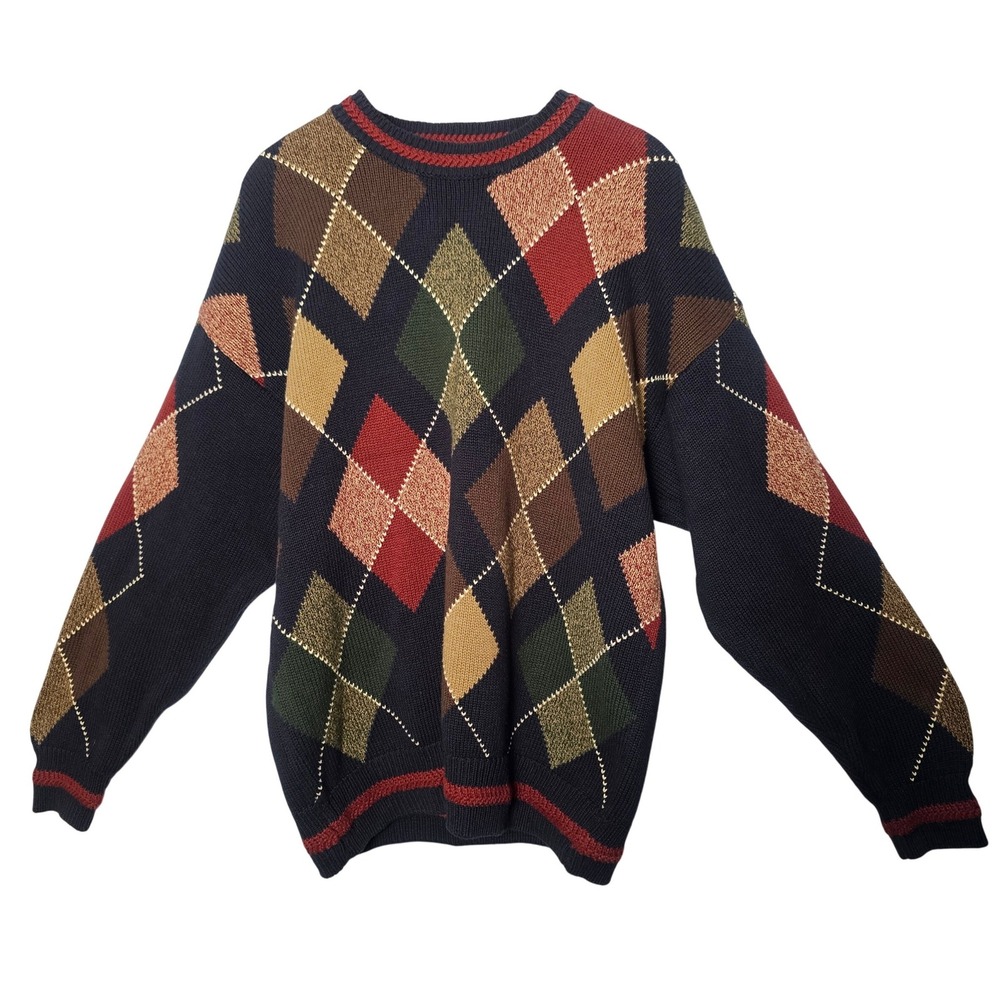 Woods‎ & Gray Sweater Men Large Navy Argyle Patchwork Dark Academia Preppy